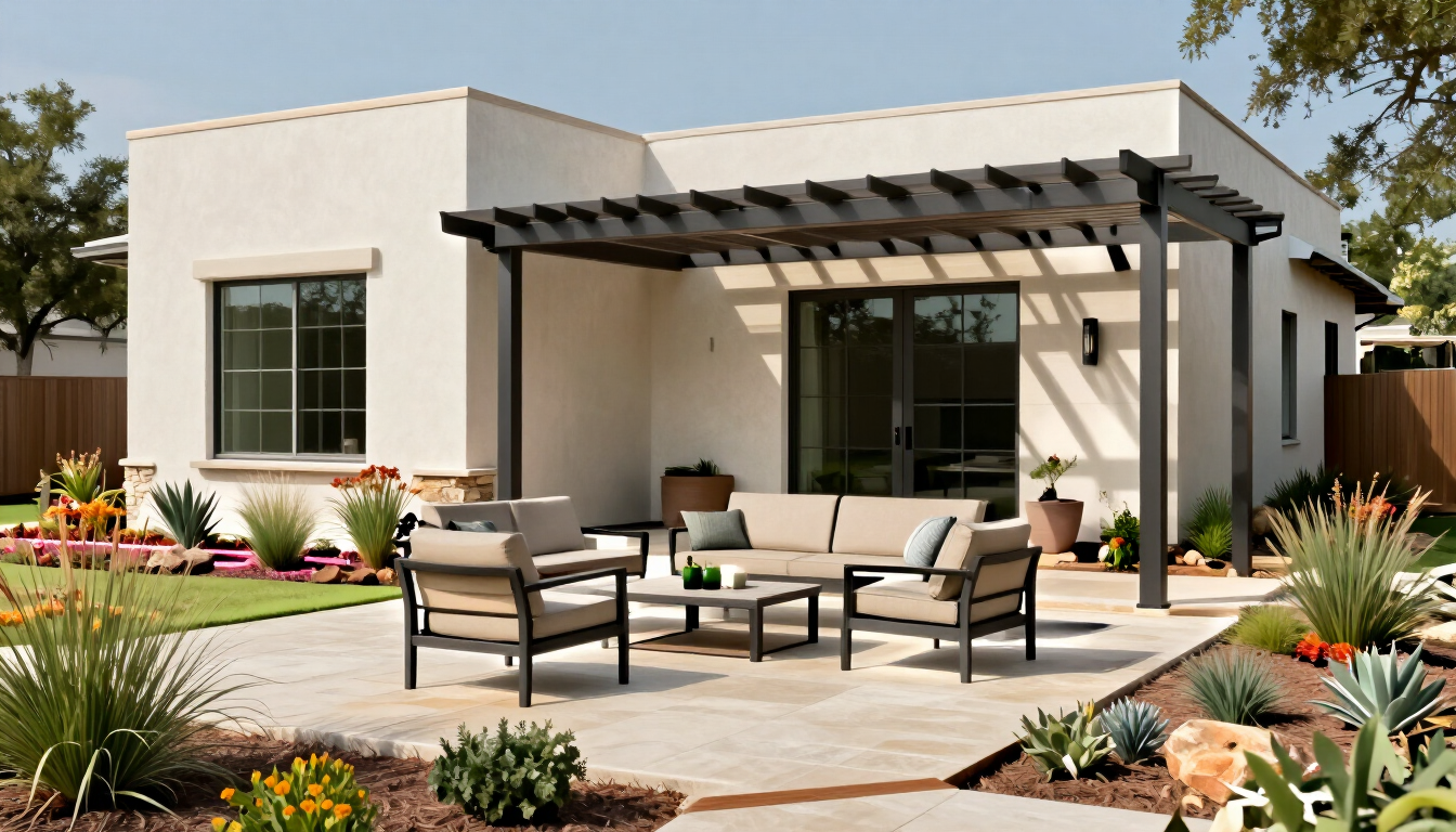 Photorealistic modern Texas backyard with a clean-lined pergola, native landscaping, and outdoor seating