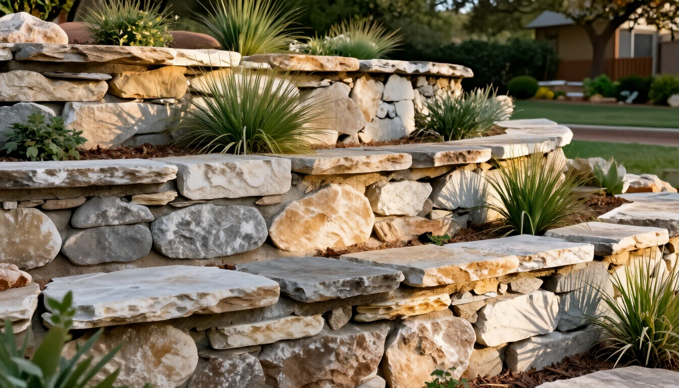 Natural limestone and Hill Country stone retaining wall in an Austin backyard