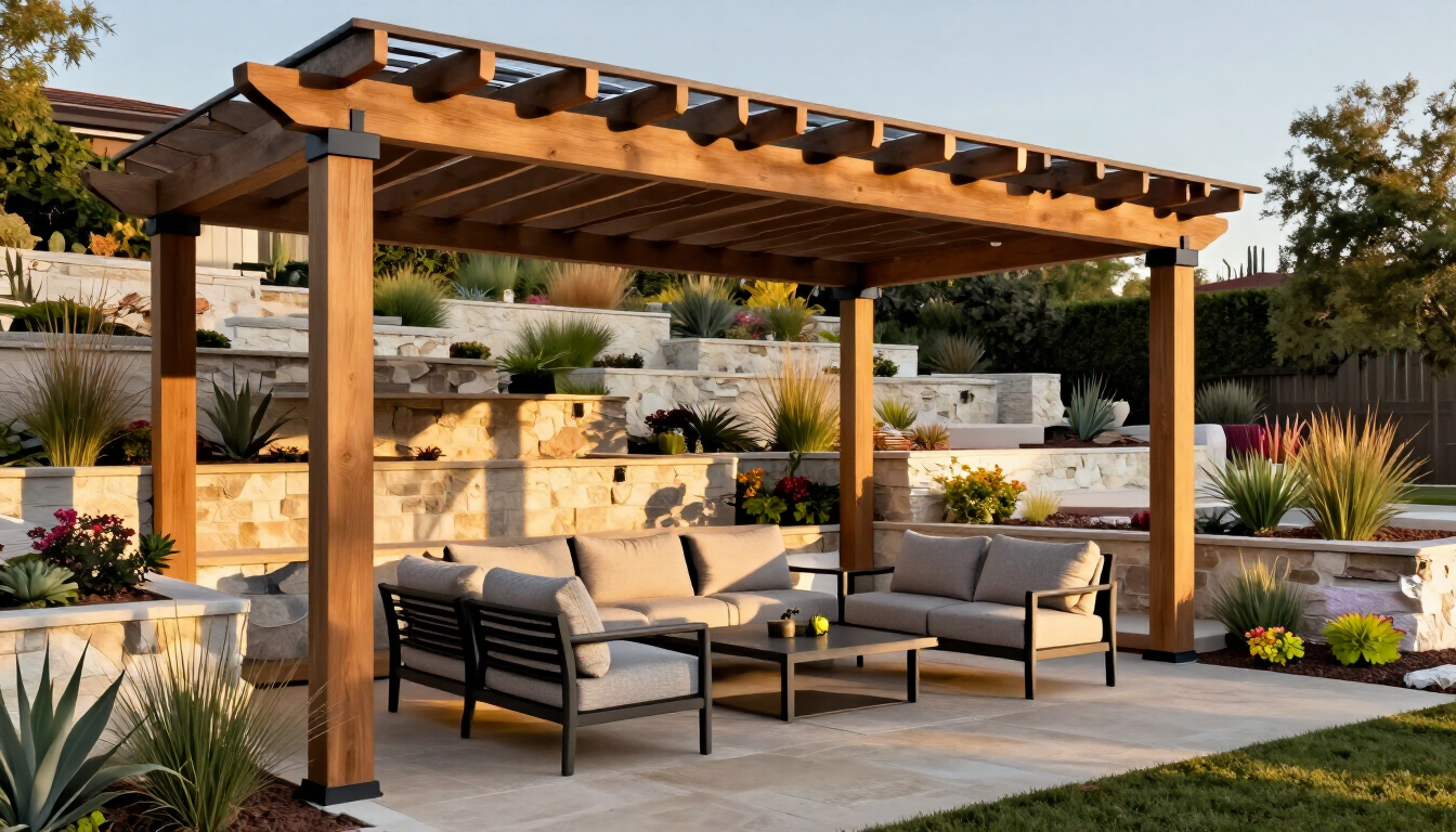 Covered patio beside a terraced Austin backyard