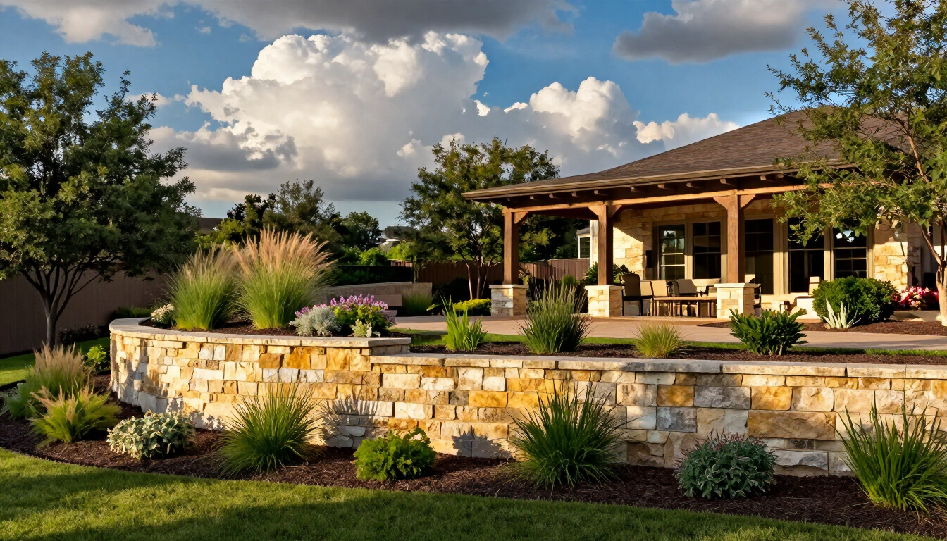 Retaining wall materials in Austin TX beside a covered patio
