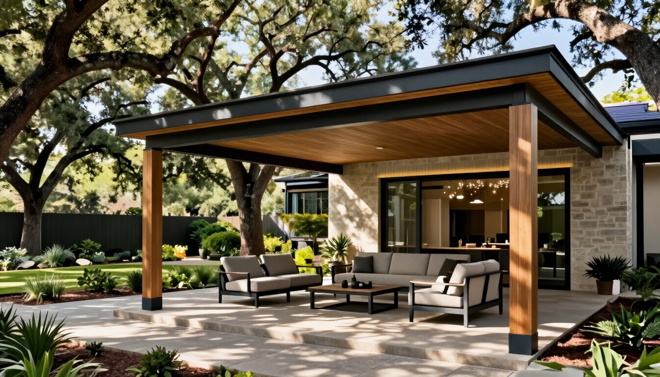 Insulated aluminum patio cover in an Austin backyard