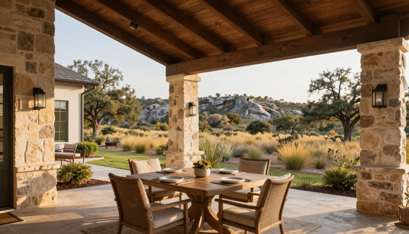 Covered patio overlooking an Austin Hill Country yard