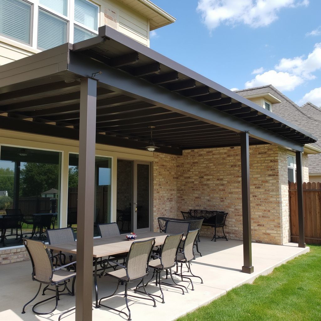 Aluminum-framed patio cover with rustic stain in San Marcos backyard