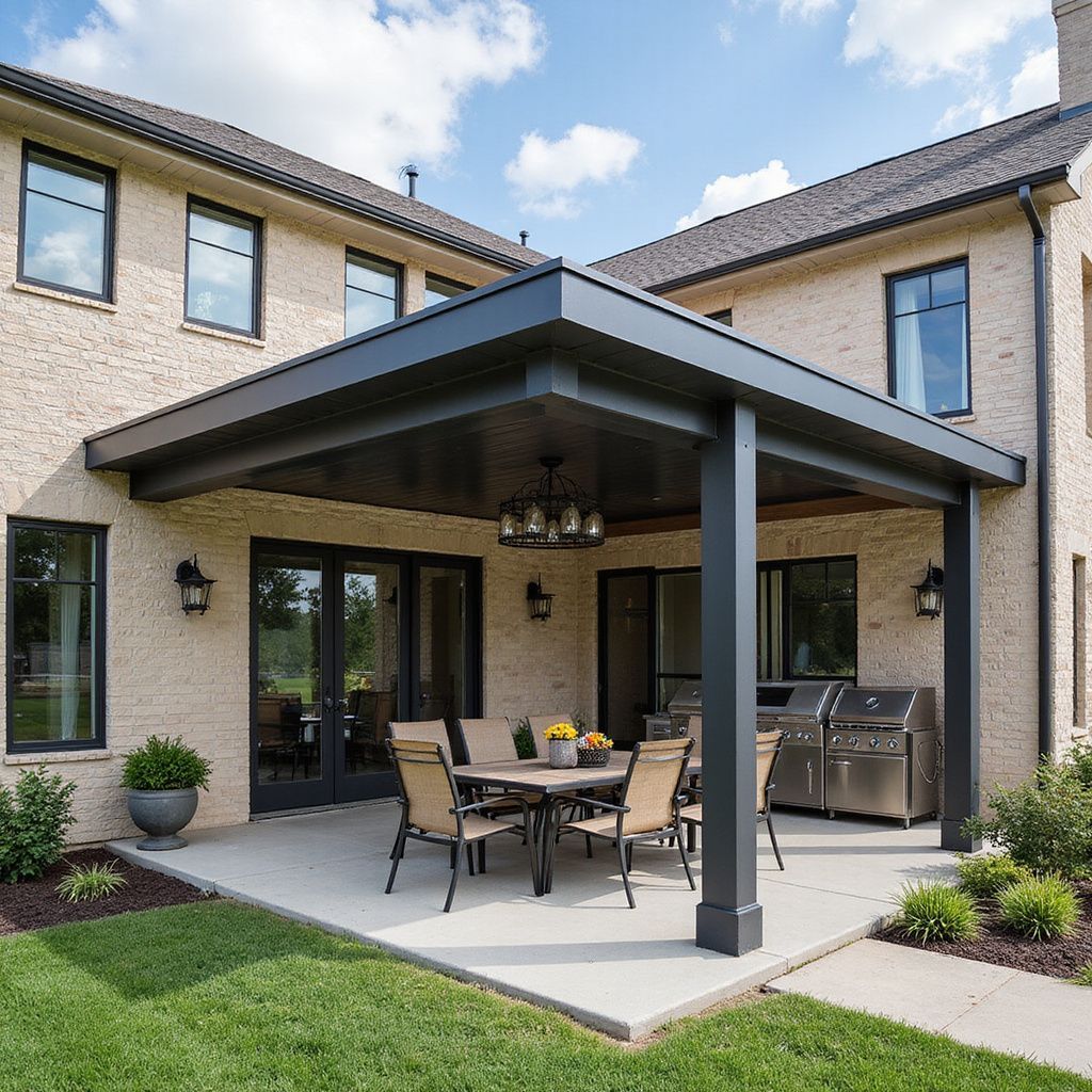 Covered patio built in a backyard in Austin TX with ceiling fans and recessed lighting