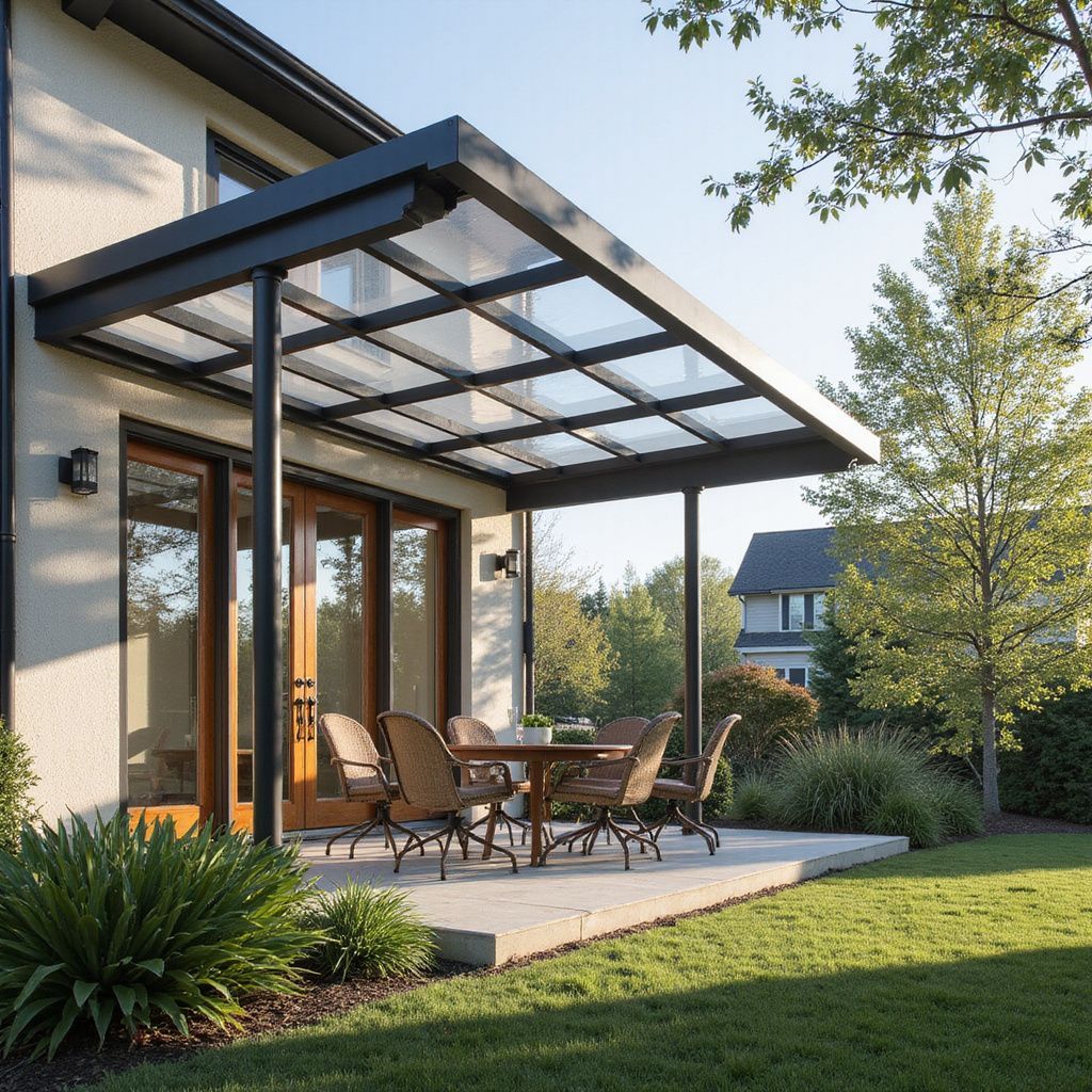 Covered patio with stamped concrete flooring near Willow Creek Estates