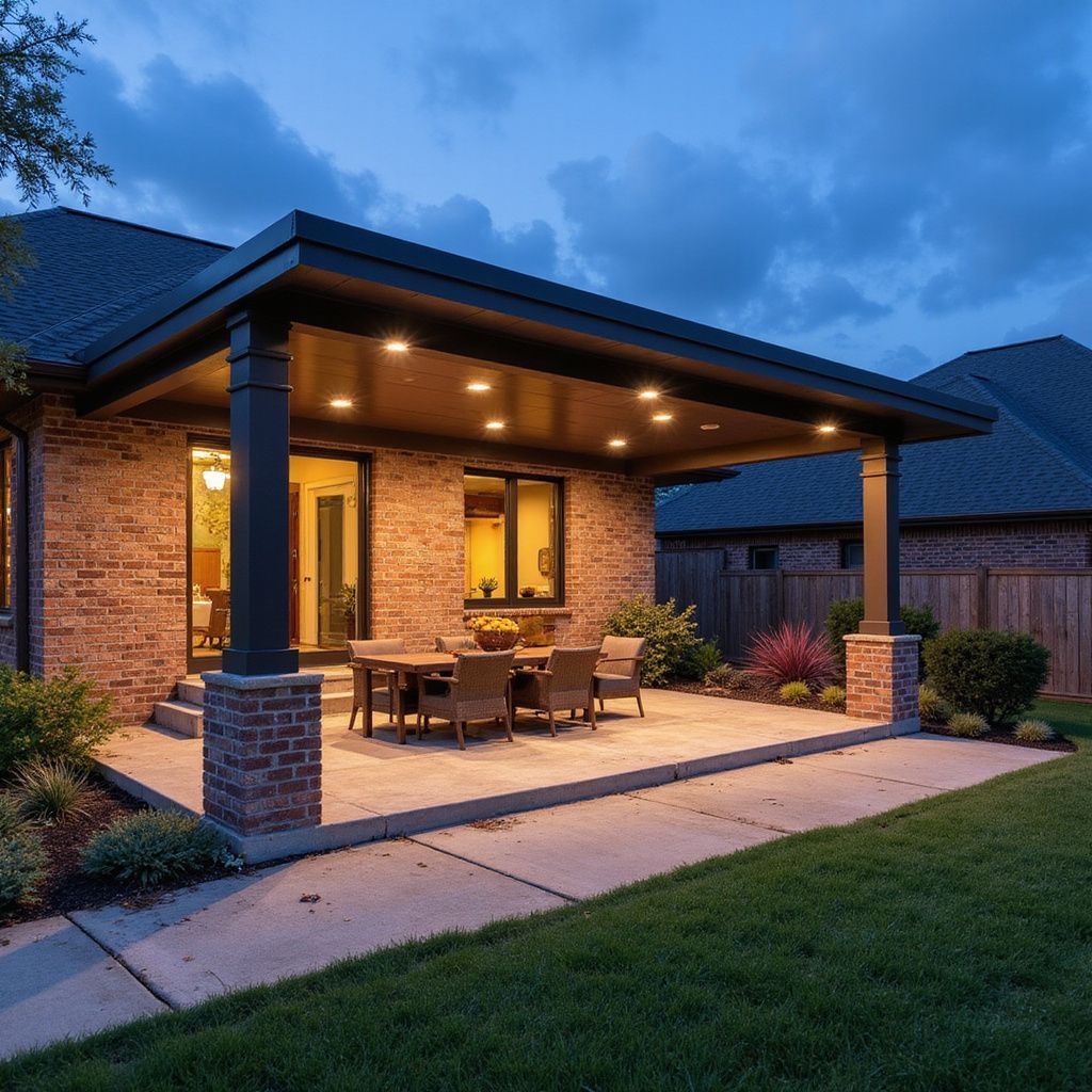 Patio cover with ceiling fan and lighting in Universal City, TX