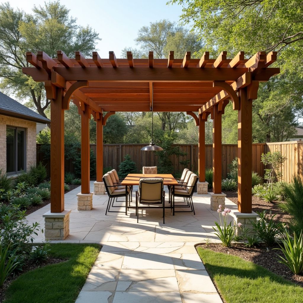 Cedar pergola with decorative accents and strong vertical posts in West Lake Hills.