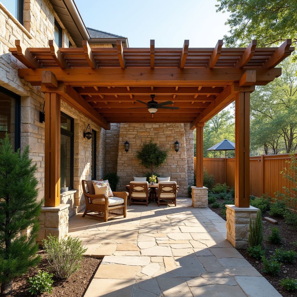 Cedar pergola with stone posts in Boerne.