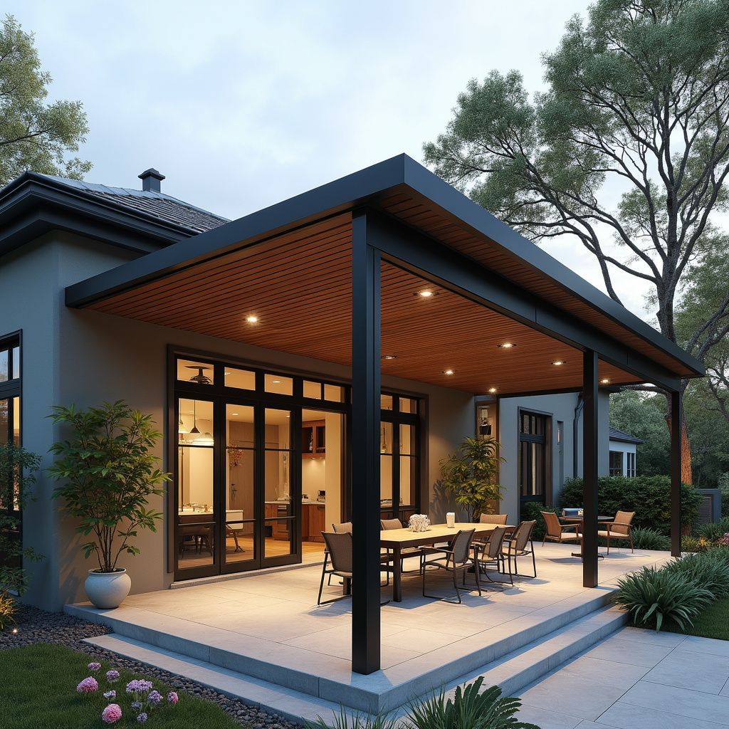 Insulated patio cover with rain gutter system in Redwood