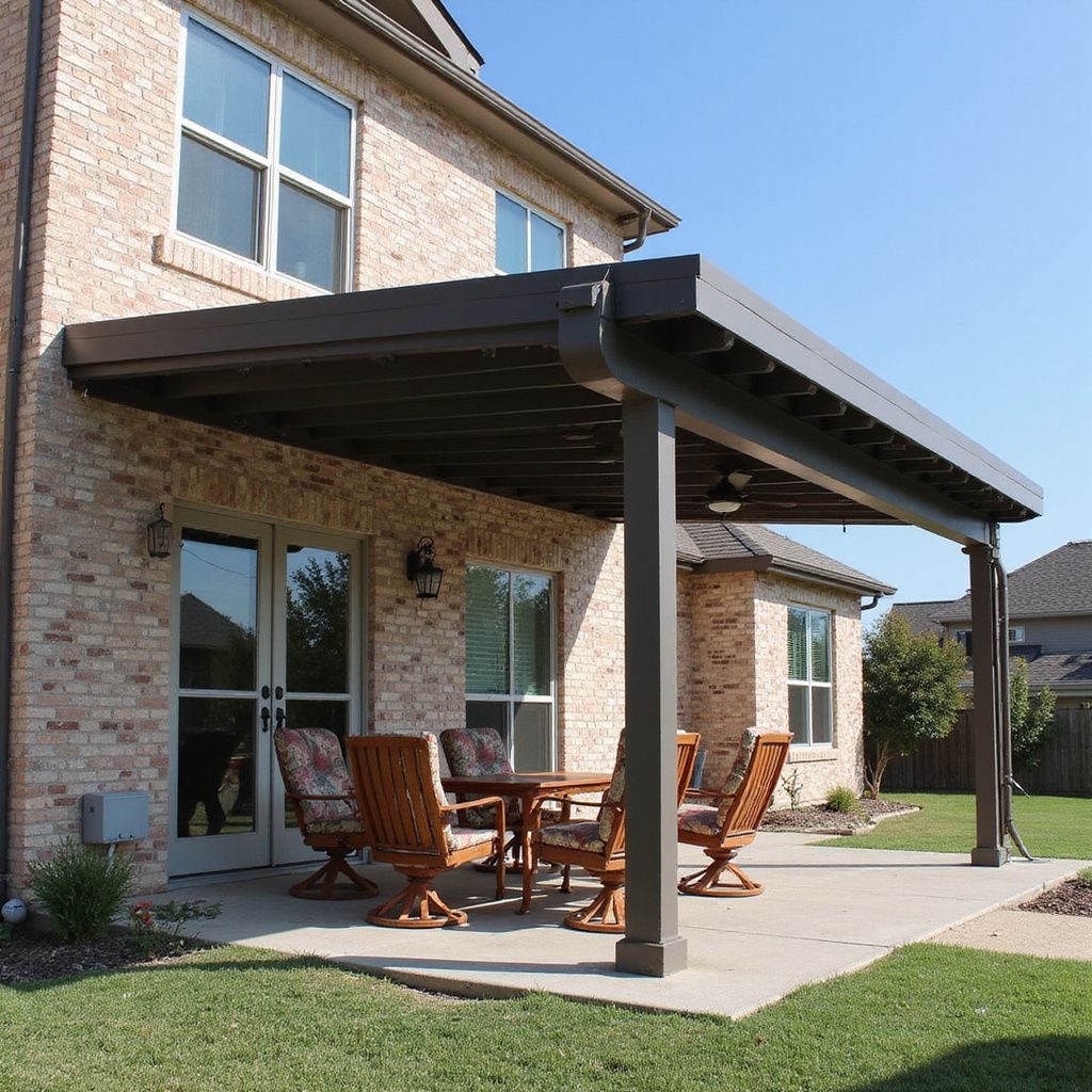 Patio cover with recessed lighting and columns near San Marcos River