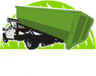 Green dump truck tilted steeply upward on a white background with a green splash design behind it
