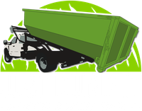 Green dump truck tilted steeply upward on a white background with a green splash design behind it