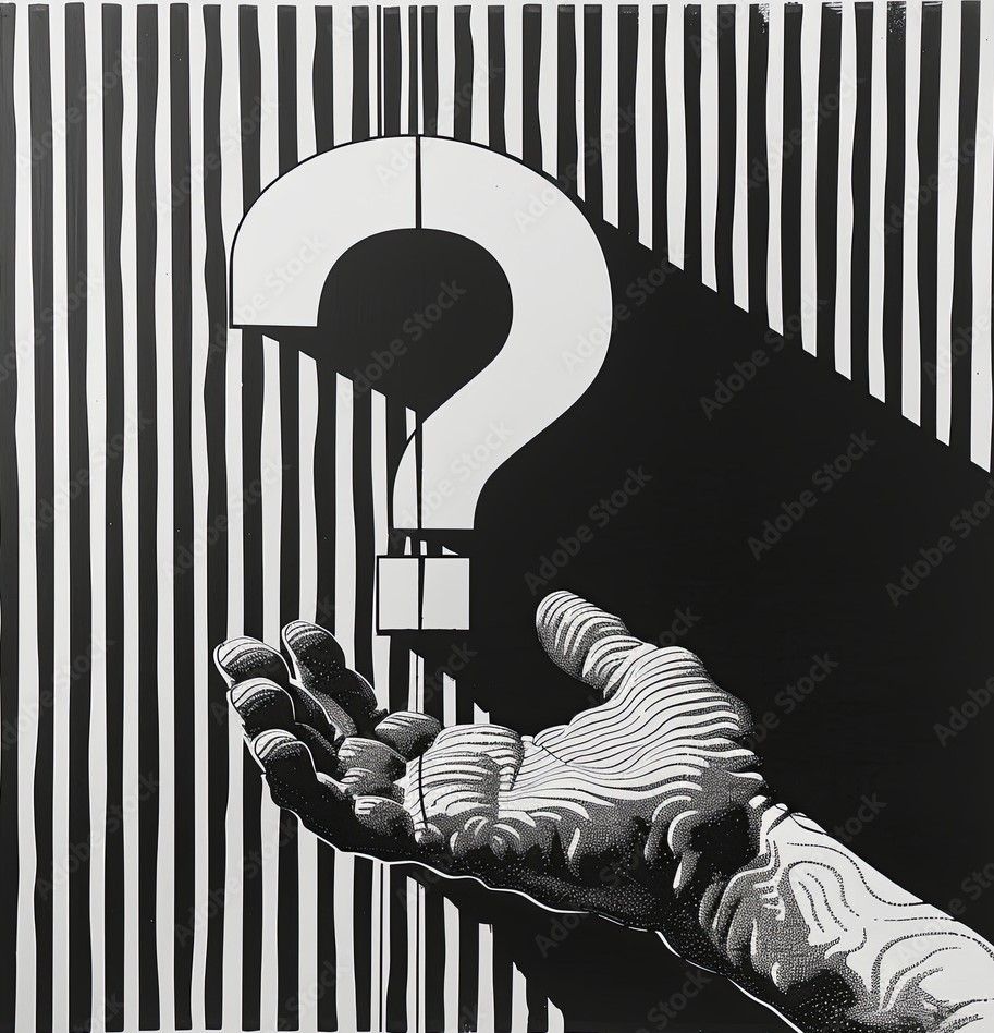 Hand outstretched towards a large question mark casting a shadow against vertical striped background.
