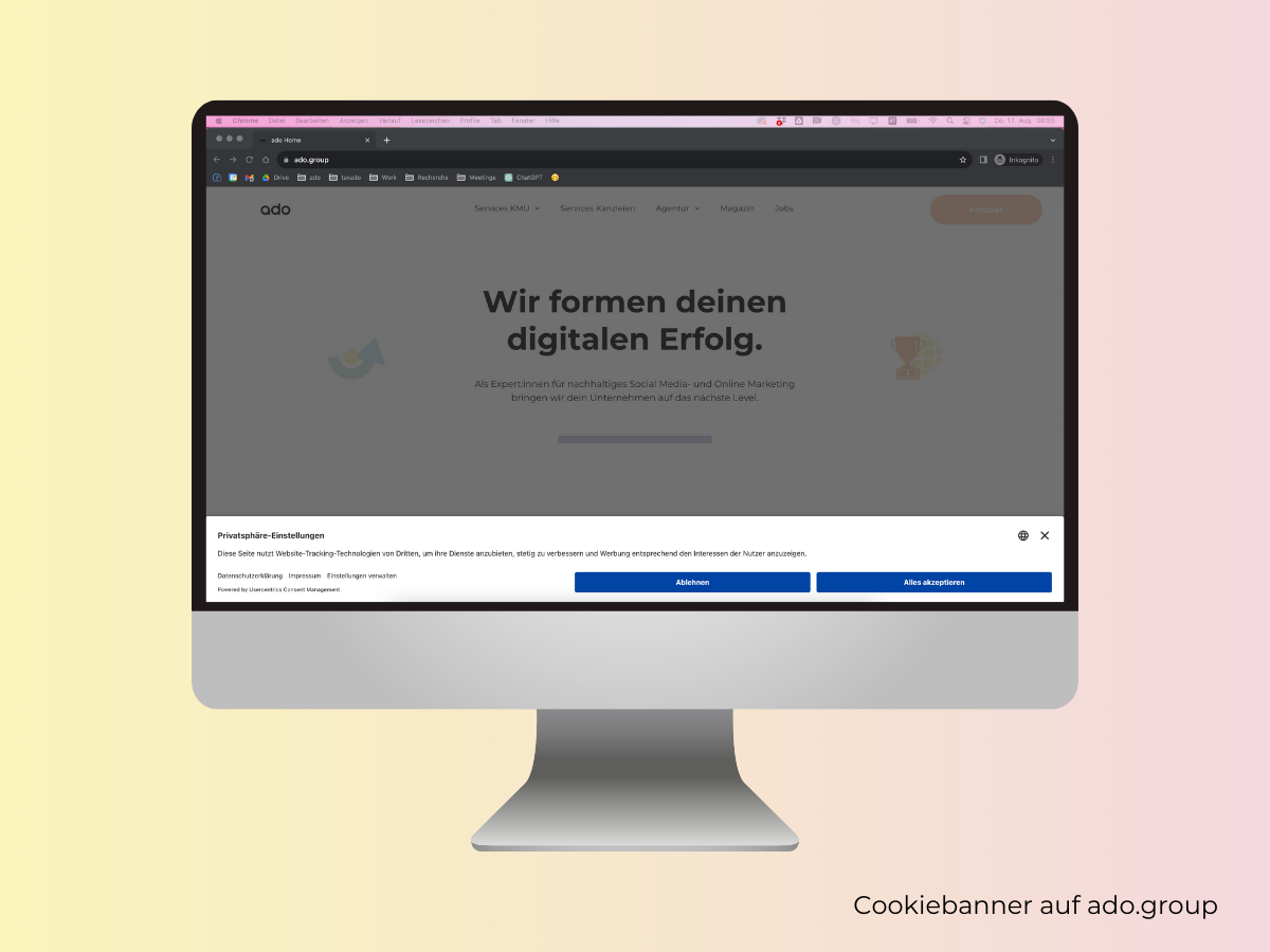 Screenshot ado Homepage mit Cookiebanner