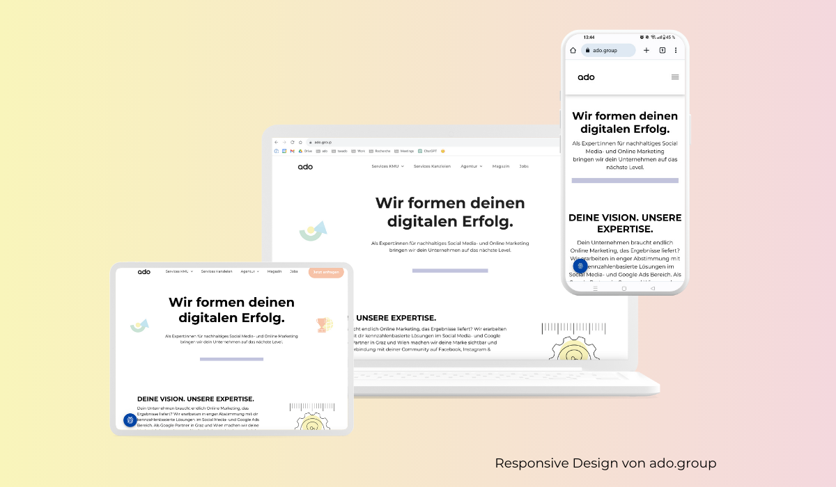 Website ado.group auf verschiedenen Bildschirmen dargestellt