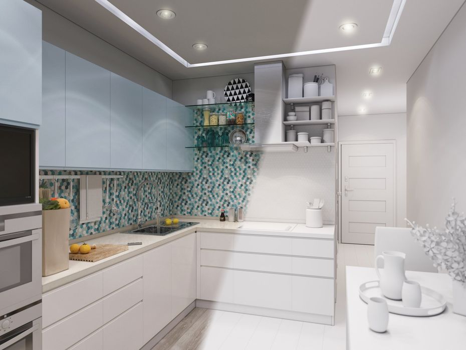 white theme kitchen with chandelier and fireplace