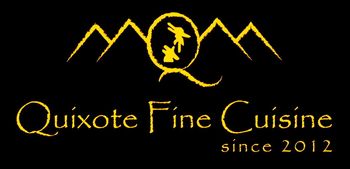 Quixote Fine Cuisine logo in gold on black with stylized mountain and knight emblem, “since 2012” below