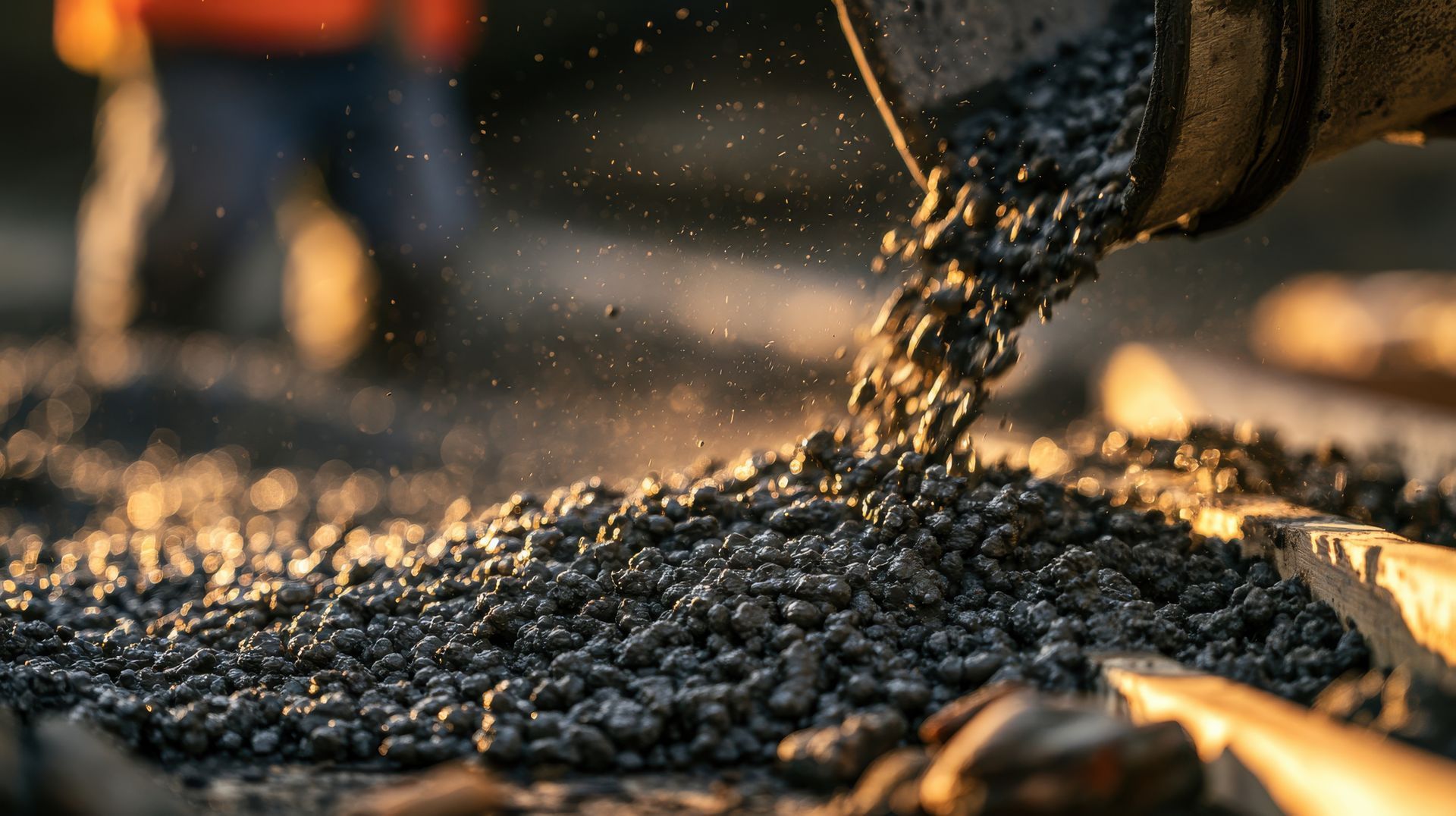 Asphalt paving contractor dumping fresh asphalt mix at a cold-weather job