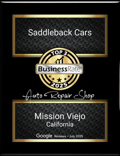 Saddleback Cars top 3 Business Rate 2025 award with Mission Viejo, California and Google Reviews text