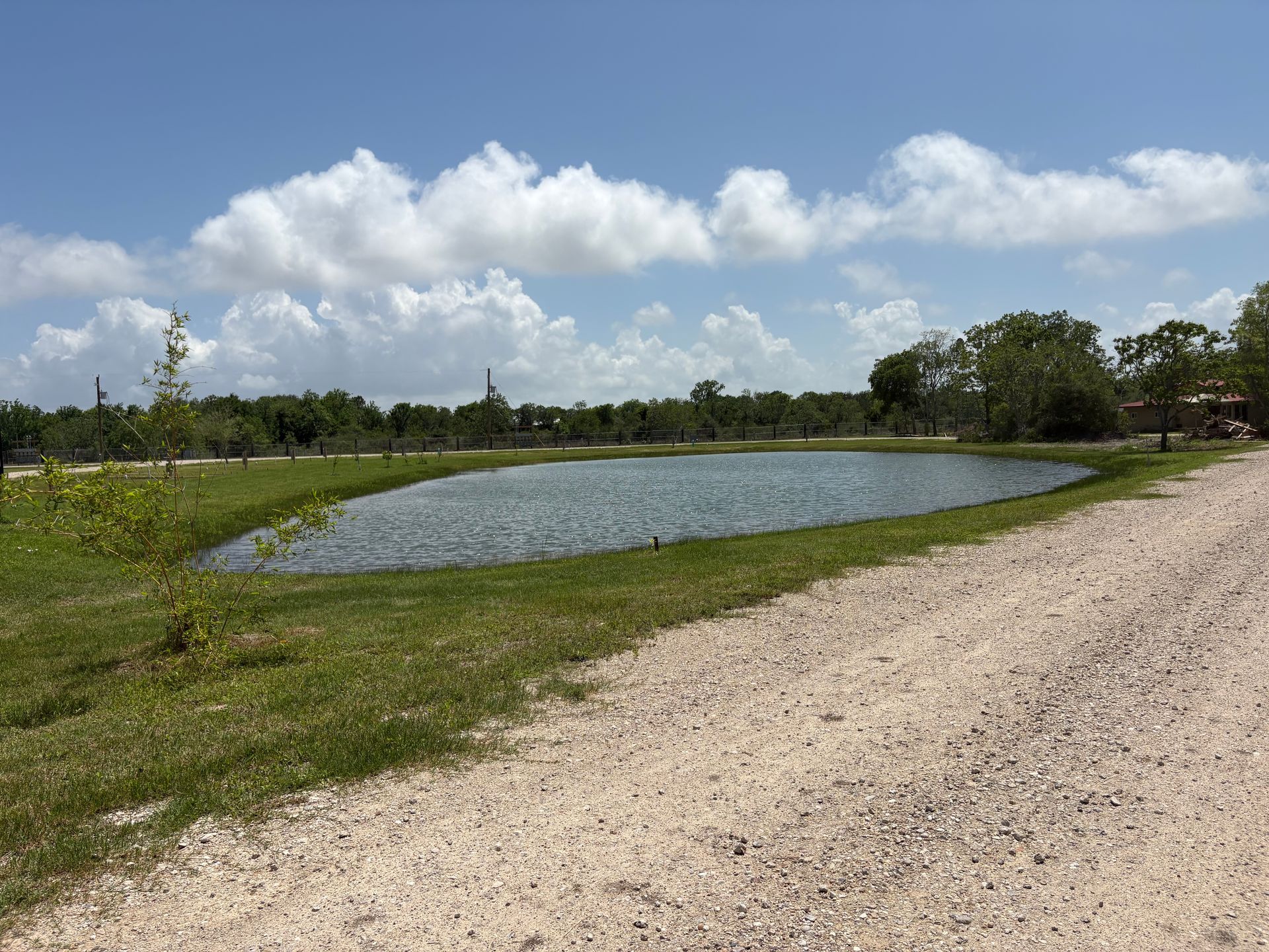Gravel path beside a pond under a blue sky with scattered clouds and trees in the distance