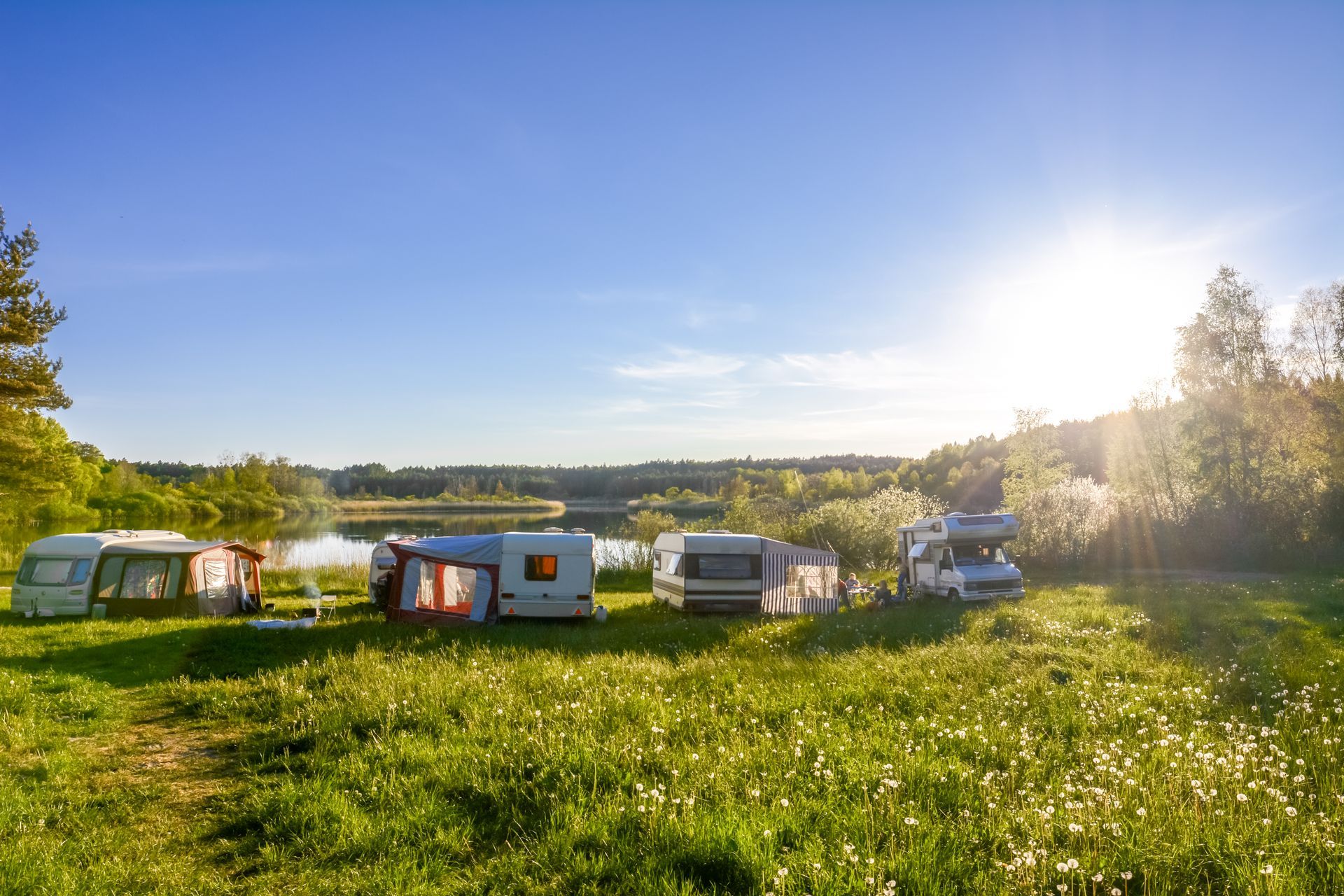 Campers and vans parked in a sunny green field under a clear blue sky
