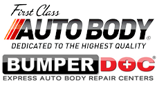 The logo for first class auto body dedicated to the highest quality bumper doc express auto body repair centers.