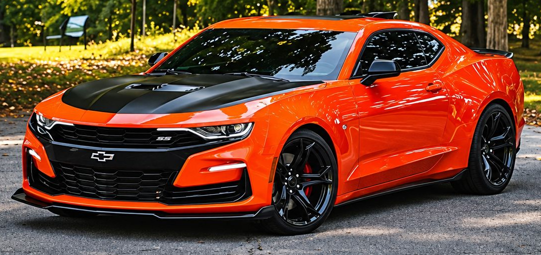 Orange sports coupe parked on a tree-lined road, angled front view with black wheels.