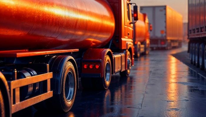 A row of trucks are parked on the side of the road.
