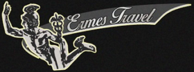 Logo bianco di Eames Travel con figura seduta e testo in corsivo su sfondo nero.
