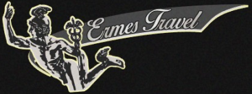 Logo bianco di Eames Travel con figura seduta e testo in corsivo su sfondo nero.