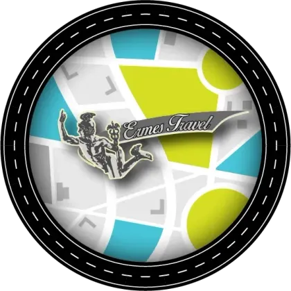 Logo circolare nero con una figura stilizzata e la scritta