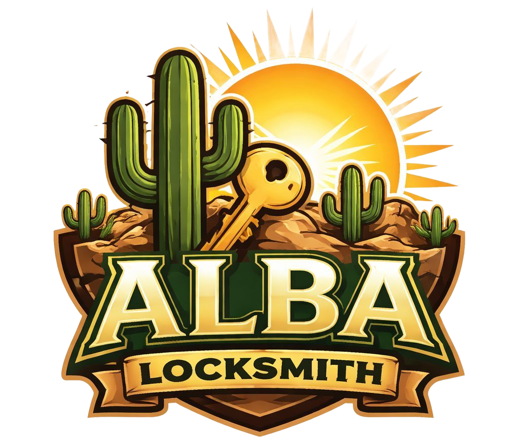 ALBA Locksmith logo with cacti, a key, and a bright desert sun