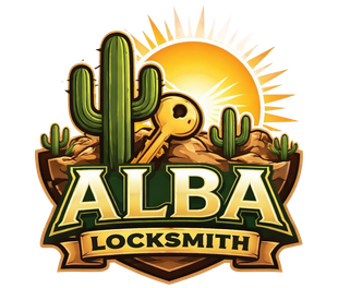 ALBA Locksmith logo with cacti, a key, and a bright desert sun