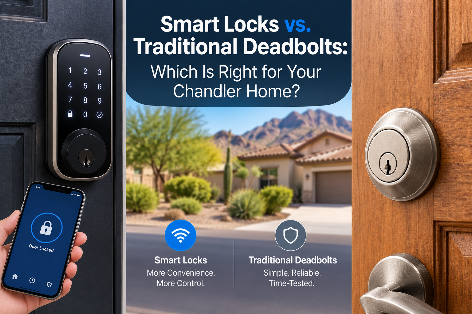 Smart locks vs. traditional deadbolts comparison with app-controlled lock and front door lock iconography