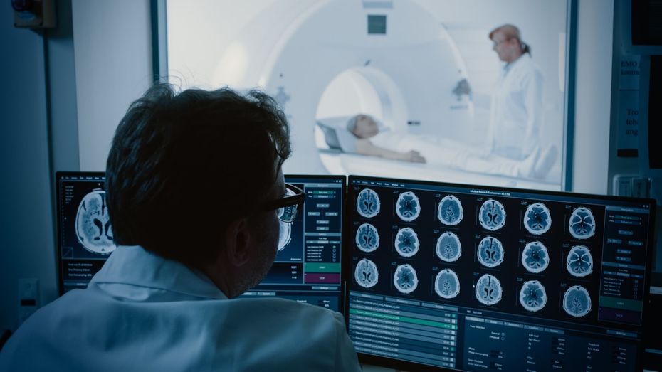 A doctor is looking at a ct scan of a patient on a computer screen.