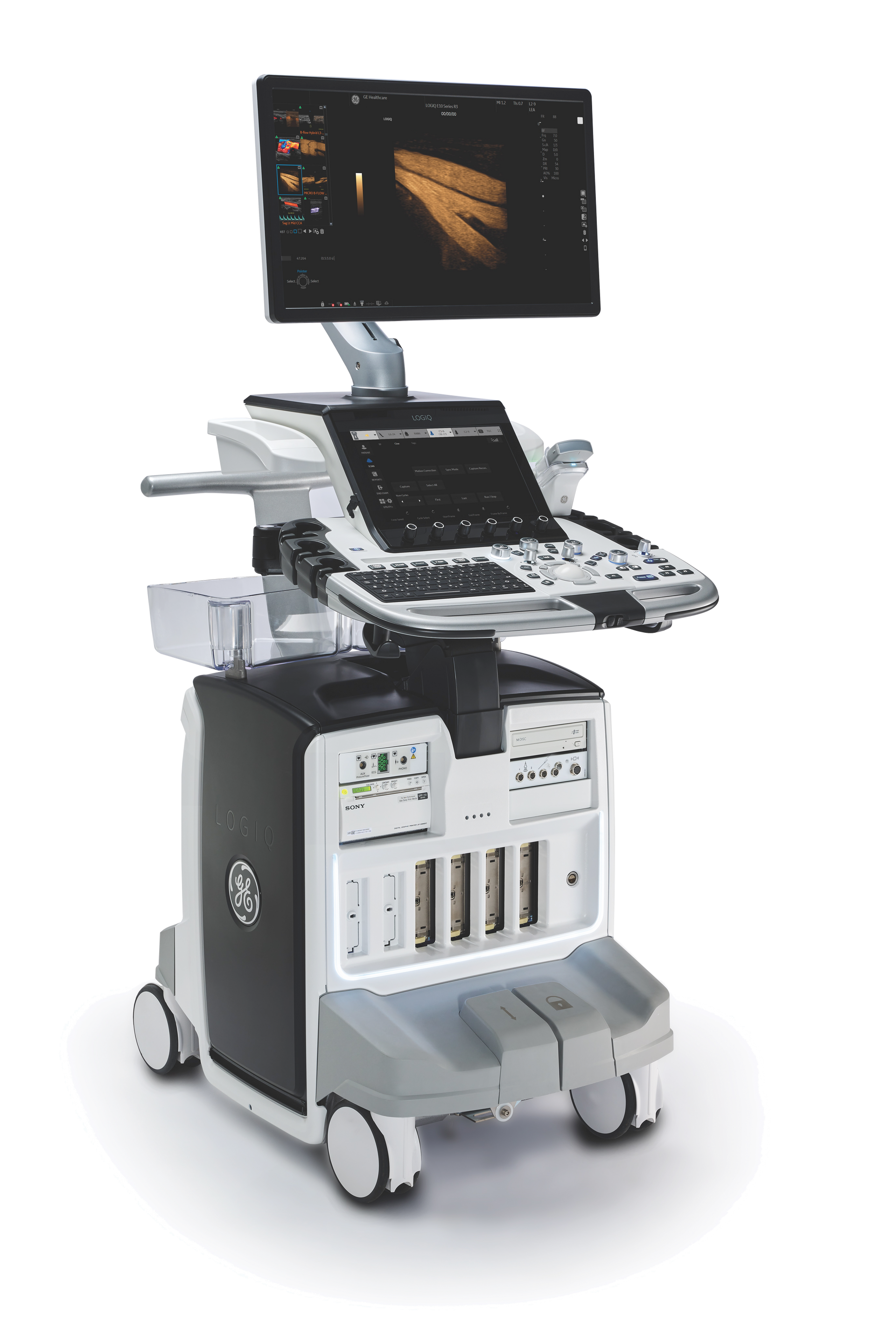 A black and white ultrasound machine with a computer on top of it.
