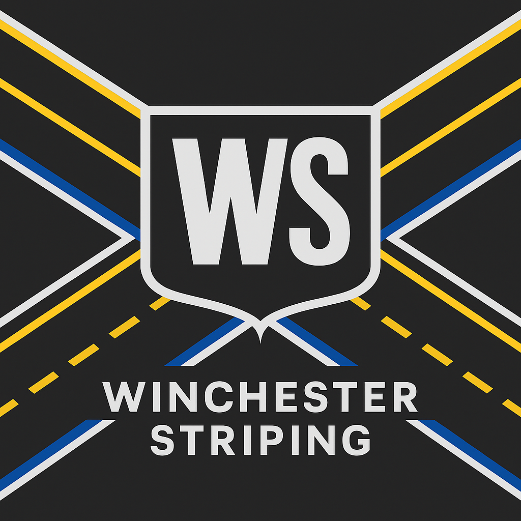 Winchester Striping Logo. You can see a parking lot with painted lines. In the middle  you see the name Winchester  Striping