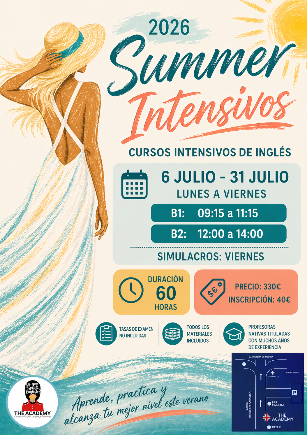 Curso intensivo de inglés verano 2026 en Chiclana, niveles B1 y B2, preparación examen Cambridge, 60 horas