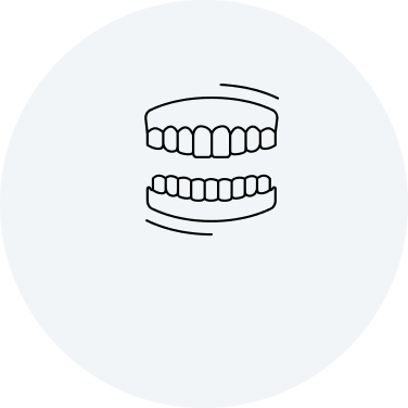 Dentures, upper and lower sets, illustrated in a white circle.