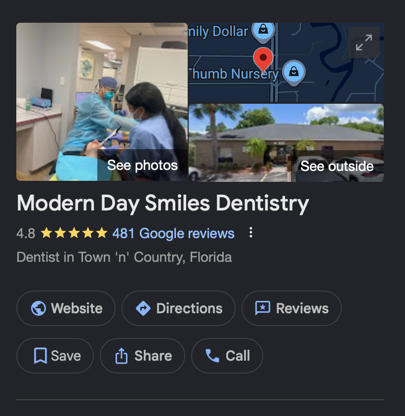 Google business listing for Modern Day Smiles Dentistry with office photos, rating, and contact buttons