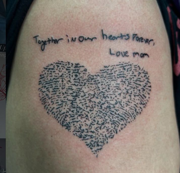 Tattoo by Tom Kelly at The Widow's Son Tattoo Co. in Gilbertsville, PA — a heart built out of handwritten script