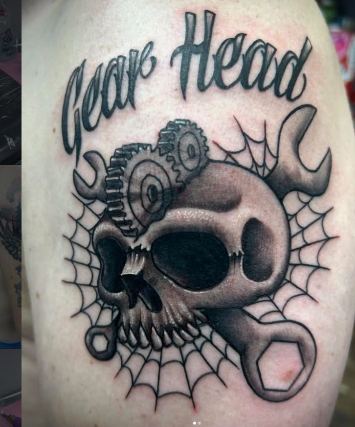 Tattoo by Tom Kelly at The Widow's Son Tattoo Co. in Gilbertsville, PA — a horned skull with web work