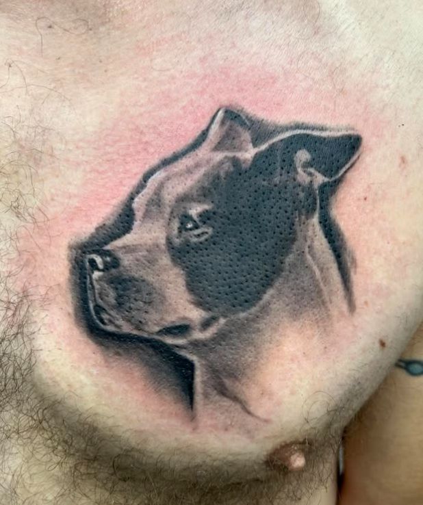 Tattoo by Tom Kelly at The Widow's Son Tattoo Co. in Gilbertsville, PA — a black and grey dog portrait