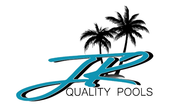Logo for JP Quality Pools featuring teal script initials with black shadow, palm trees, and text