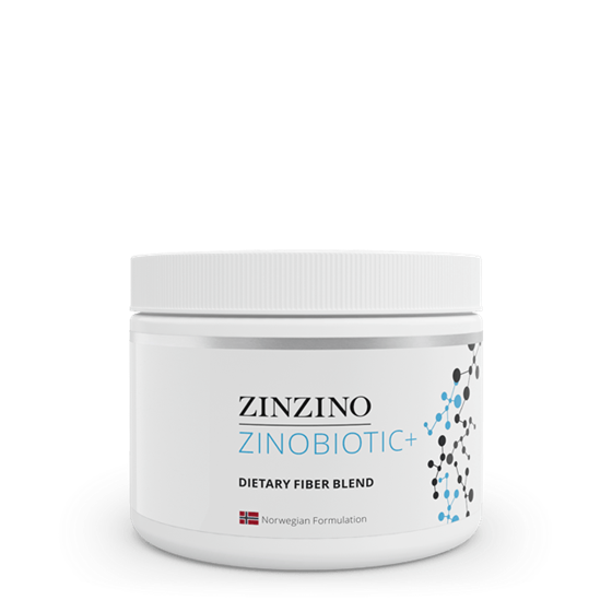 White Zinzino Zinobiotic dietary fiber blend jar with gray lid on a white background