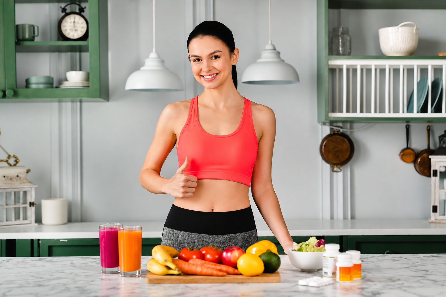 Woman in a bright kitchen giving a thumbs-up beside fresh fruit and smoothie ingredients