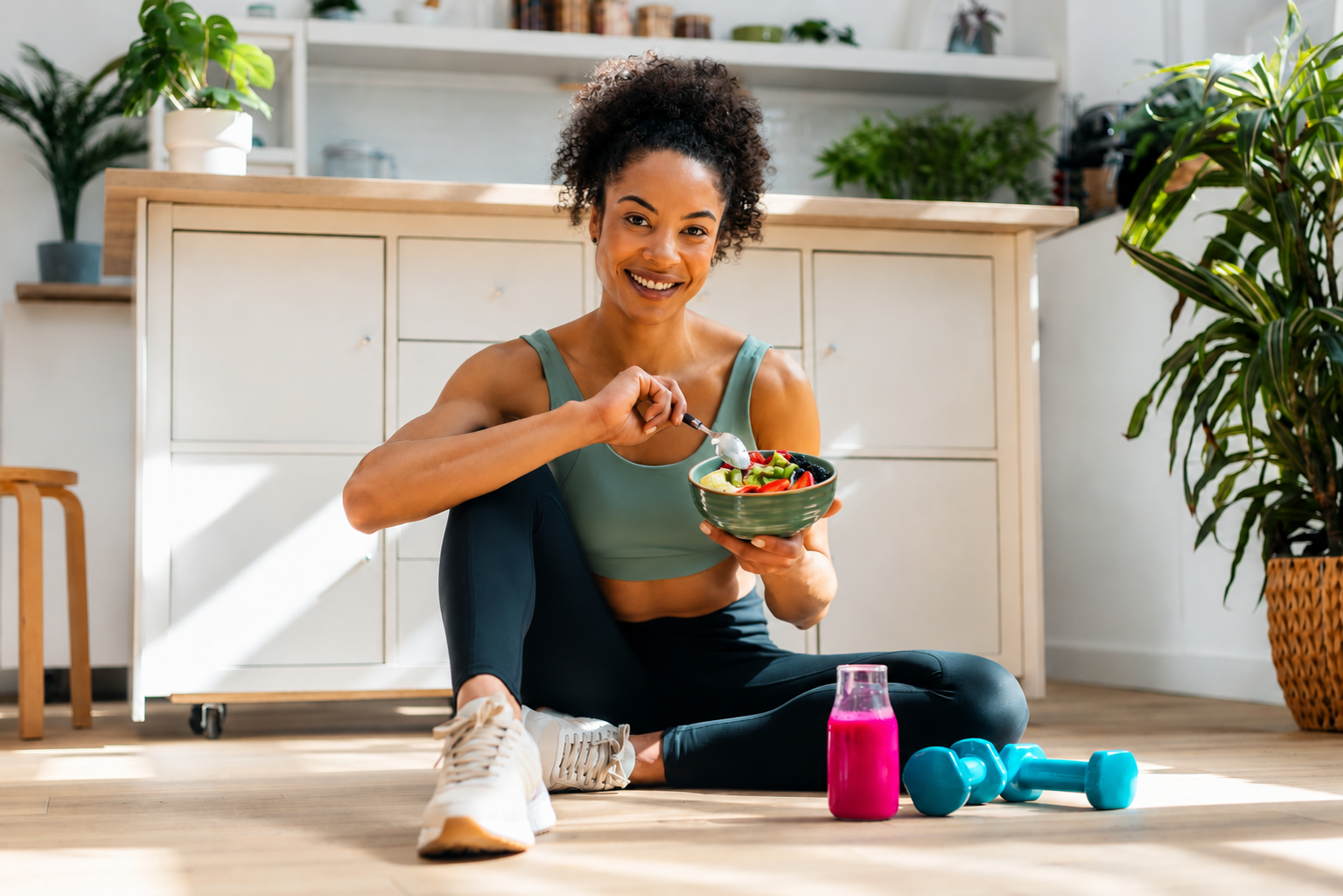 Woman in a bright room eating salad on the floor beside dumbbells and a green drink