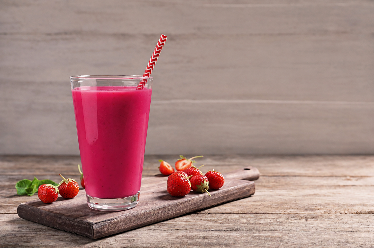 Pink strawberry smoothie in a glass on a wooden board with fresh strawberries and a striped straw.