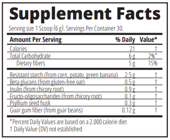 Supplement Facts nutrition label listing calories, carbohydrates, fiber, and prebiotic ingredients.