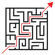 Maze with a red path leading from the bottom left to the top right.
